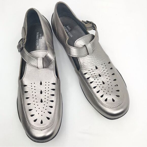 Ros Hommerson CAMEO Metallic Pewter Perforated Fisherman Loafer Sandals - Picture 4 of 16